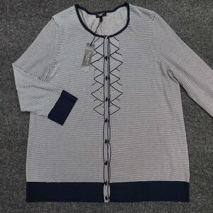 Talbots Womens X Navy White 3/4 Sleeve Button Up Cardigan Sweater Coastal Preppy